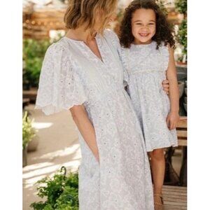 Baybala Blue White Floral Embroidered Ruffle Trim Cross Back Dress Girls 8